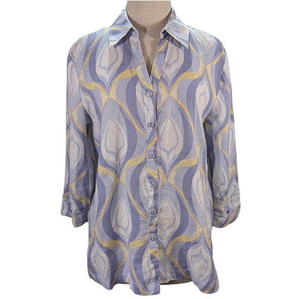 JM Collection Tunic 100% Linen Womens 10 Purple Mod Abstract Art Deco Resortwear